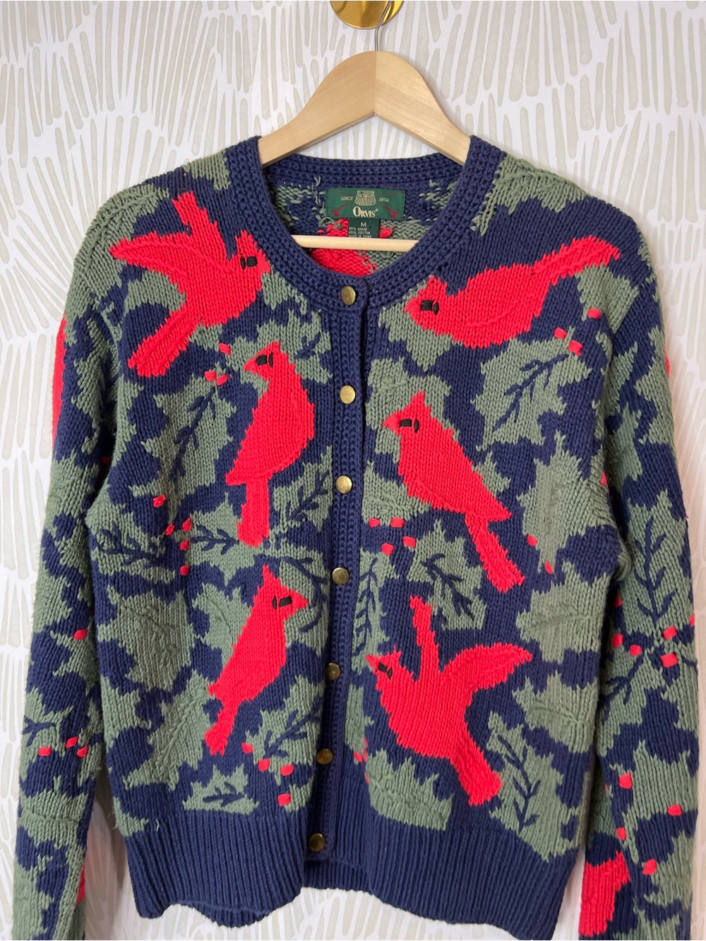 Orvis Cardinal Bird Knit Cardigan Sweater Navy Holly Button Front cotton blend - Picture 9 of 14